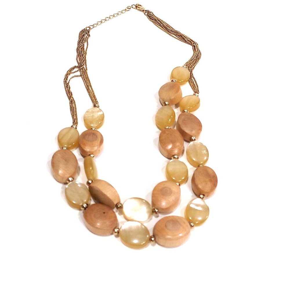 Necklace - Gold Tone Shades of Tan LUCITE Two Strand Necklace